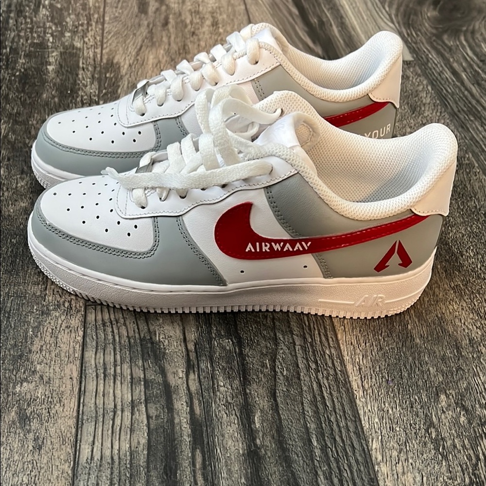 Nike Air Force One men’s Airway White and Gray Sneakers with Red Accents